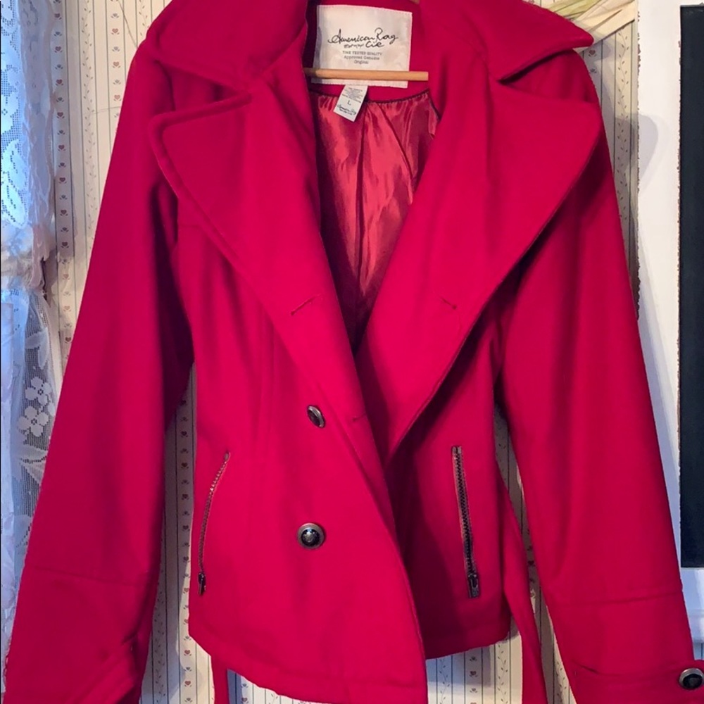 Red polyester hooded winter coat